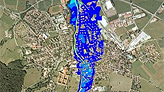 Ausschnitt der topographischen Karte, Bereich Kronach mit Darstellung der Überschwemmungsgebiete; bei Mausklick Aufruf des Kartendienstes Überschwemmungsgefährdete Gebiete in Bayern; bei Mausklick Aufruf des Kartendienstes Überschwemmungsgefährdete Gebiete in Bayern