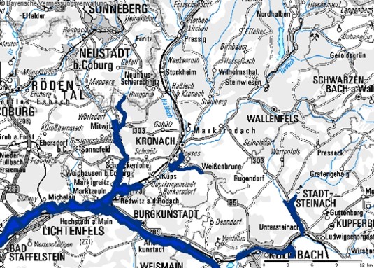 Ausschnitt der topographischen Karte, Bereich Kronach mit Darstellung der Überschwemmungsgebiete; bei Mausklick Aufruf des Kartendienstes Überschwemmungsgefährdete Gebiete in Bayern; bei Mausklick Aufruf des Kartendienstes Überschwemmungsgefährdete Gebiete in Bayern